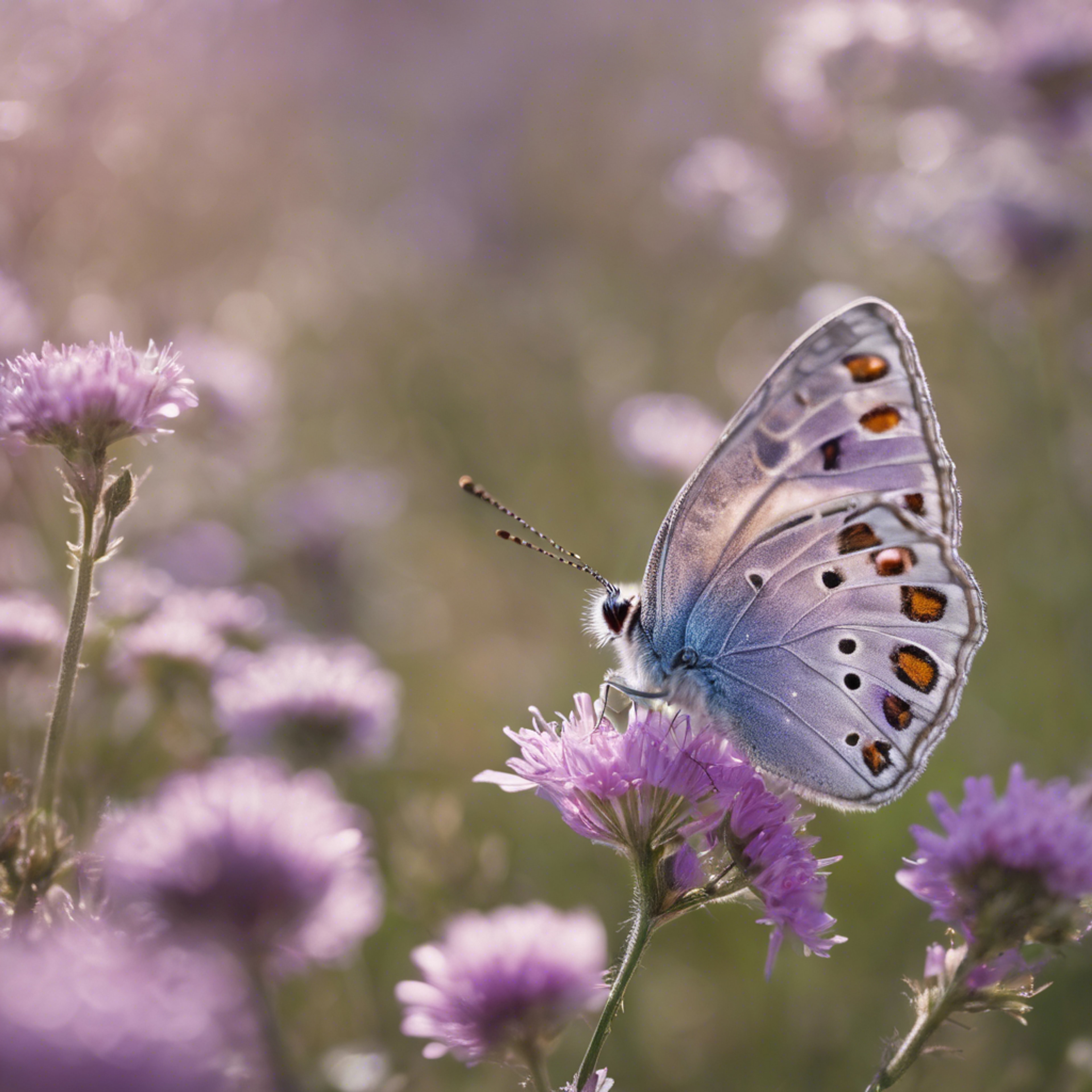 A playful light purple butterfly fluttering freely amidst wildflowers. Behang[992811f2a8e14925b1c6]