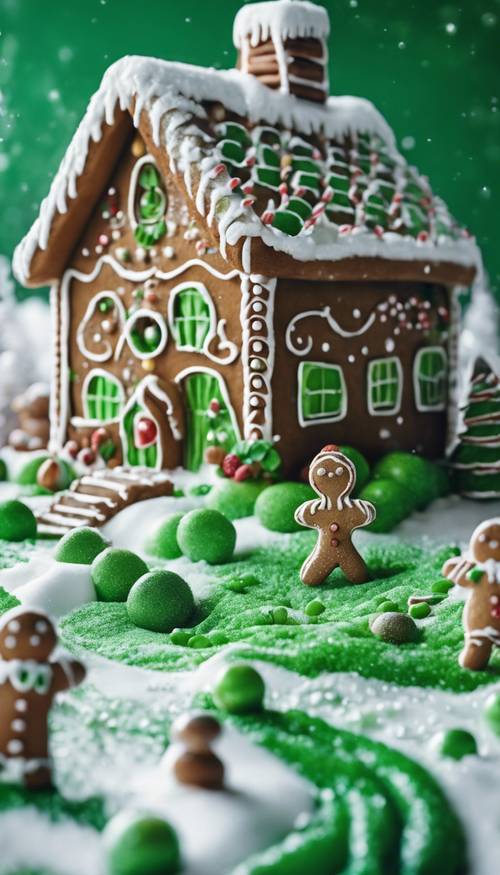 Uma casa de gengibre natalina adornada com detalhes em doces verdes, em uma paisagem coberta de neve.