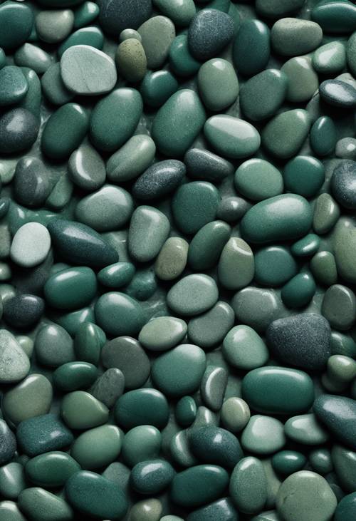 Dark green pebbles placed adjacently creating an uneven texture.