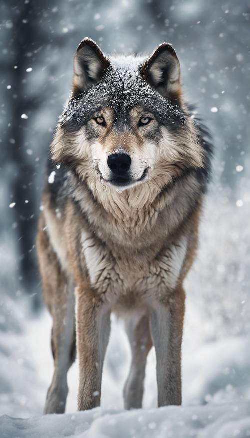 Um lobo maduro e feroz em um cenário nevado, sua pelagem combinando perfeitamente com a paisagem monocromática.
