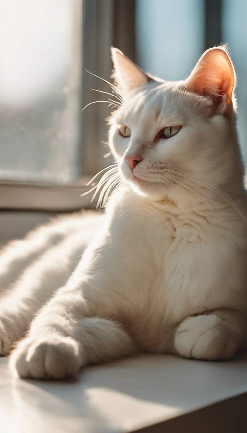 Seekor kucing putih dengan bintik hitam, tidur nyenyak di ambang jendela bermandikan hangatnya cahaya matahari terbenam.