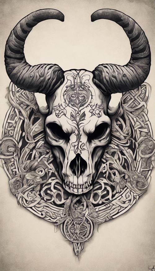 A tattoo design of an Aries symbol intertwined with a skull, executed in a traditional maori style. Tapeet [da4168aab9a34cf5a6c7]