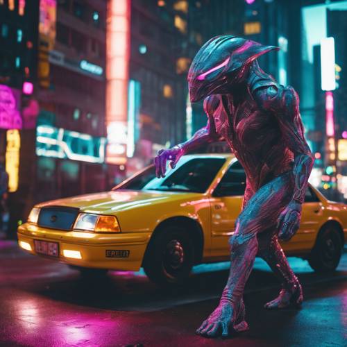 An alluring futuristic creature hailing a taxi in a city glowing under neon lights.
