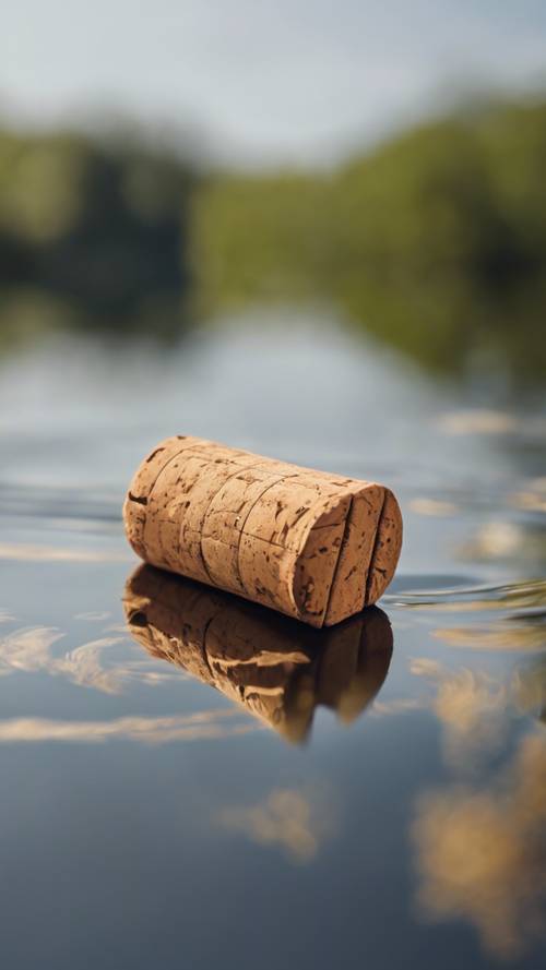 Un solo trozo de corcho flotando suavemente sobre la tranquila superficie de un estanque.