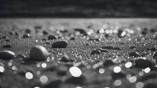 Une représentation artistique en niveaux de gris d’une fin de soirée sur une plage de galets gris.
