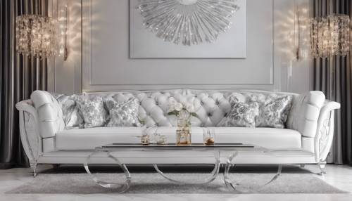 Interni moderni con cuscini con motivo damascato argento su un divano in pelle bianca.