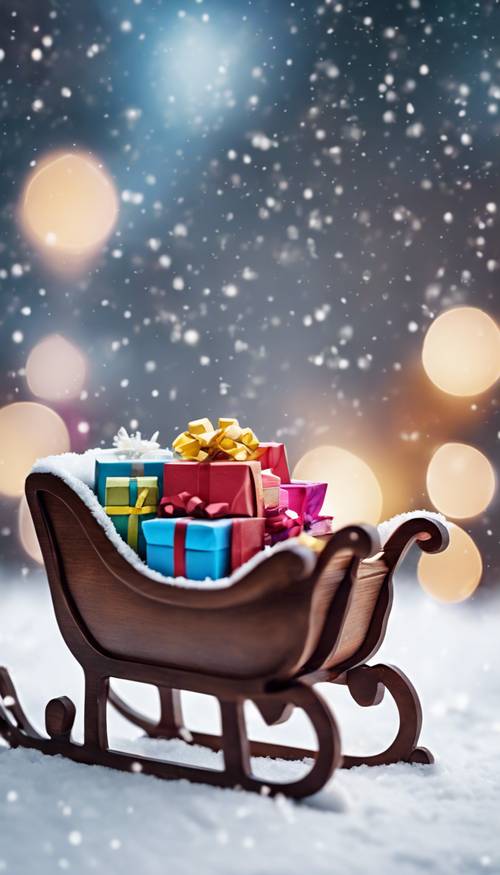 A wooden sleigh filled with presents wrapped in colorful papers, sitting on fresh snow.