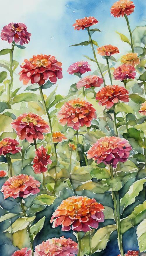 A watercolor painting depicting a field of zinnias under a clear, blue sky.