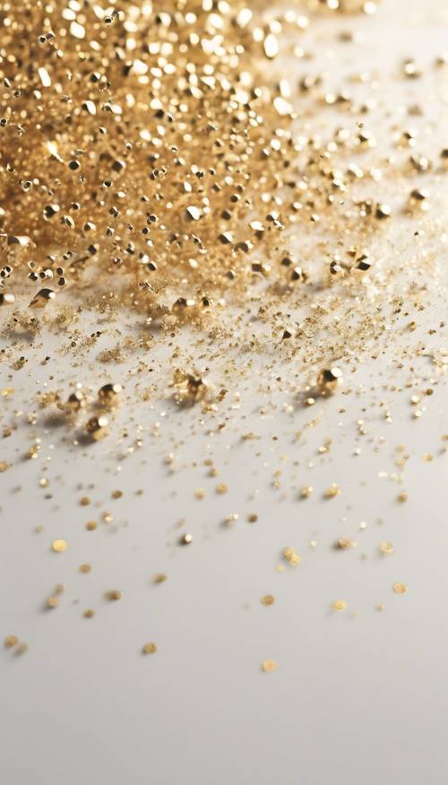 Esplosione di minuscole particelle d&#39;oro che creano un effetto glitter su una superficie bianca.