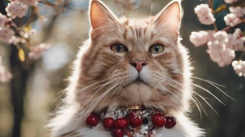 A photo-realistic portrait of a cat with a cherry necklace.