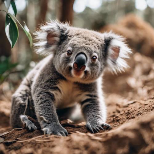 Ein neugieriges Koalababy erkundet mutig seine Umgebung am Boden, während seine Mutter von oben ein wachsames Auge auf ihn hat.