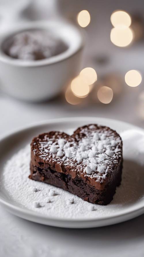A heart-shaped chocolate brownie with a sprinkle of powdered sugar on top, placed on a white plate.
