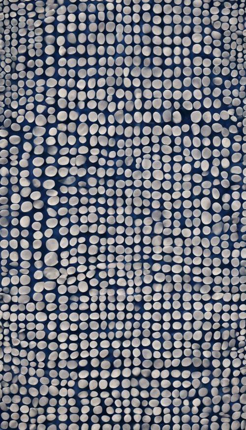 A field of bleached white, tiny, evenly spaced polka dots distributed on a navy blue base maintaining symmetry.