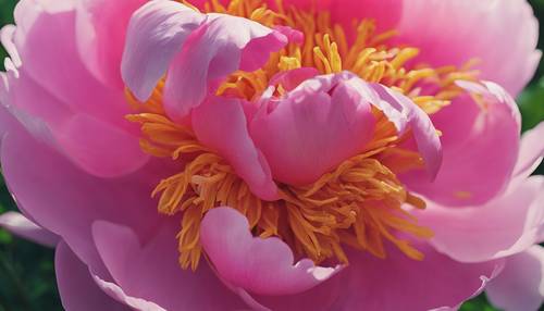 A close-up of a brightly coloured peony, its petals unfurling in the summer sun.