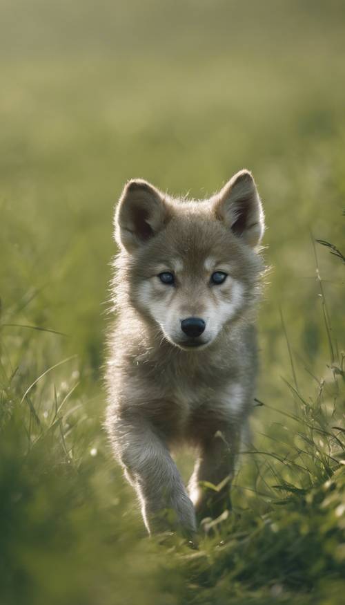 Ein kleines grünes Wolfsjunges jagt spielerisch seinen Schwanz auf einem grasbewachsenen Hügel.