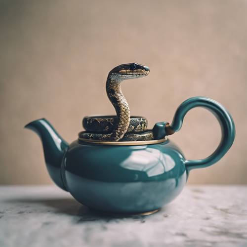 An adorable snake in a teapot home, peeping through the spout.