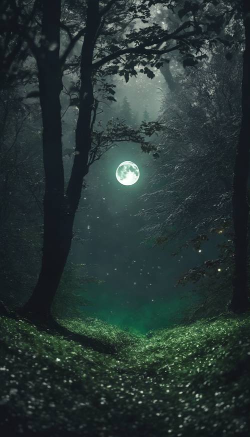 Une lune argentée illuminant une forêt vert foncé avec une aura mystérieuse et majestueuse.