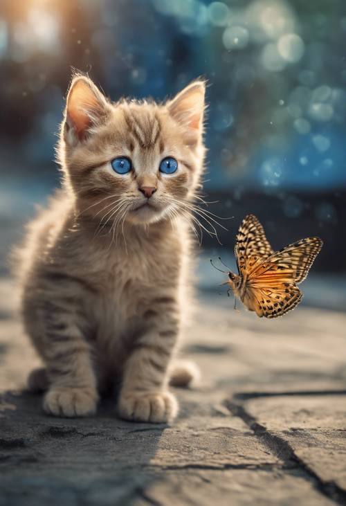 Un chaton bleu saphir regardant curieusement un papillon flottant.