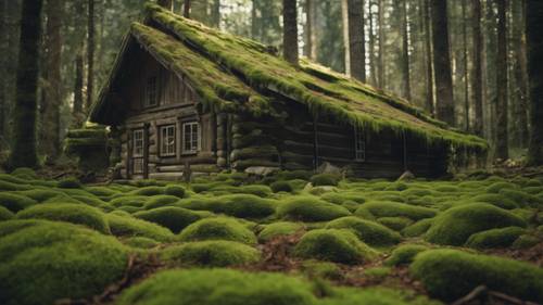 Ormanın derinliklerinde unutulmuş, kahverengi ahşap bir kulübeyi kaplayan eski yeşil yosun.