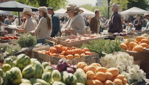 A lively farmers' market on a beautiful spring day, with vendors selling fresh local produce and flowers.