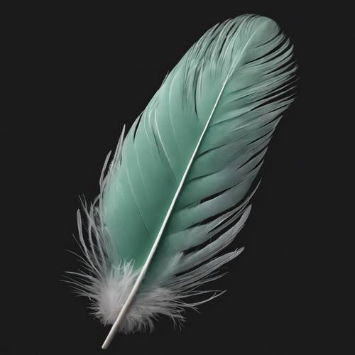 A mint green feather falling gently against a black background.
