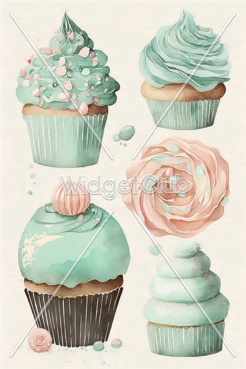 Ilustración linda y colorida de cupcakes y flores
