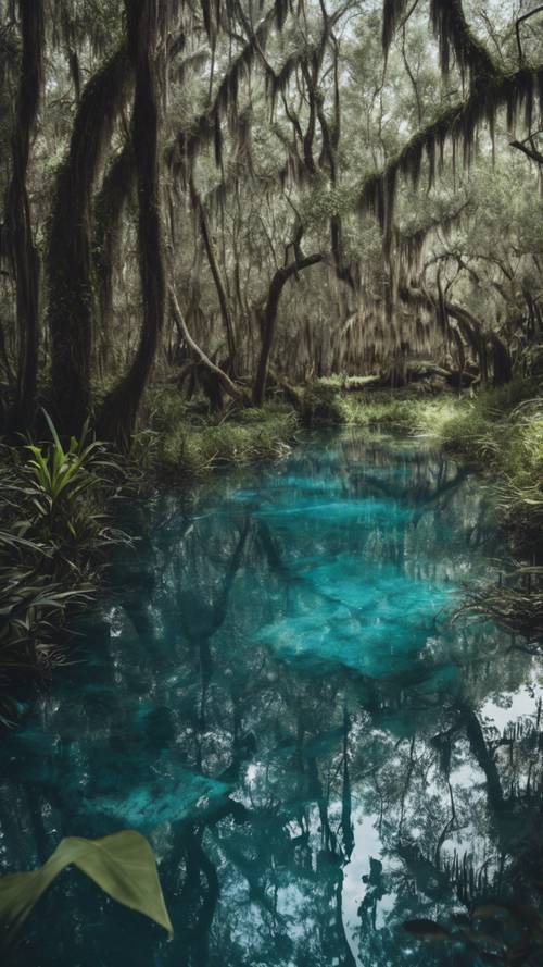 佛羅裡達州北部眾多泉水之一，其藍色鮮豔，周圍的植物倒映在清澈的水中。