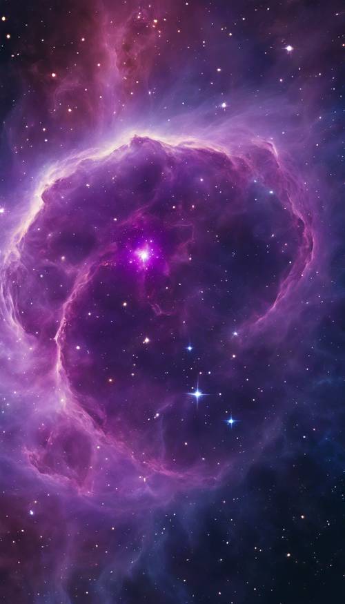 Una hermosa y etérea nebulosa en el espacio profundo, caracterizada por vívidos tonos arremolinados de púrpura y azul.