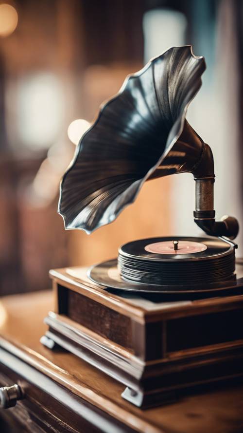 Um close de um gramofone antigo com um disco de vinil, representando o charme antigo da música.