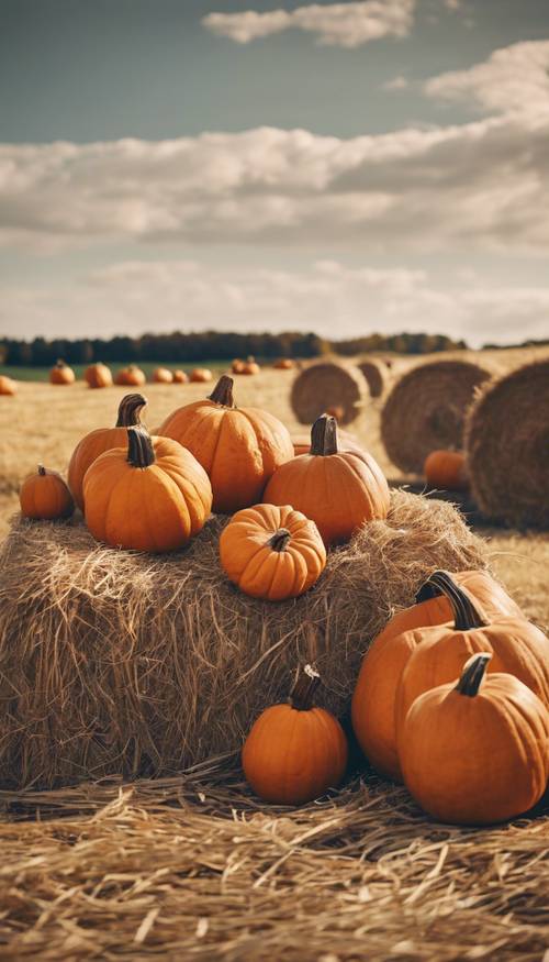 A batch of freshly harvested pumpkins sitting among hay bales.