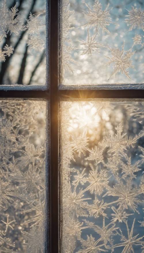 A twinkling frost pattern on a windowpane illuminated by the soft winter morning light.