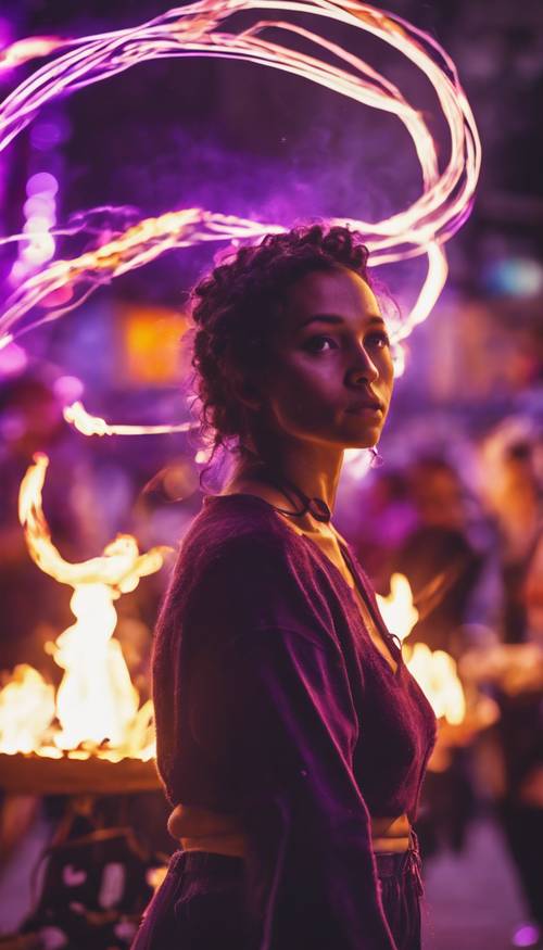 A woman practicing fire-spinning with vibrant purple fire at a street carnival.