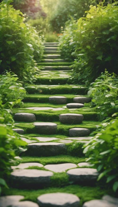 Những bậc đá trải trên tấm thảm xanh gồm những cây leo và cỏ dẫn tới một khu vườn cổ kính.