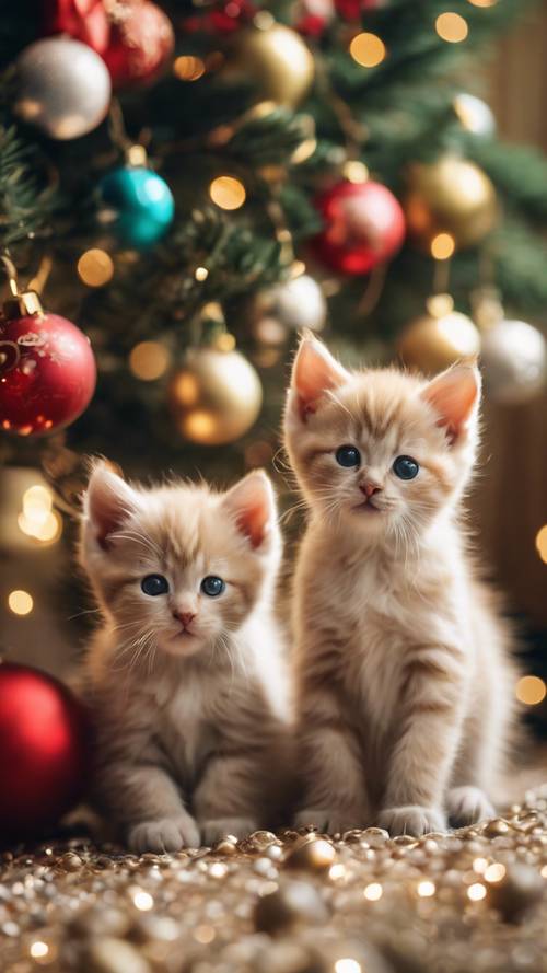 Parlak süslemelerle dolu bir Noel ağacının dibinde oynayan üç meraklı kedi yavrusu.