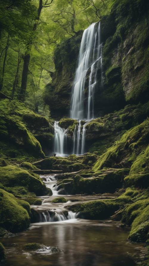 A mesmerizing waterfall tucked away in the deep corners of a wild green forest.