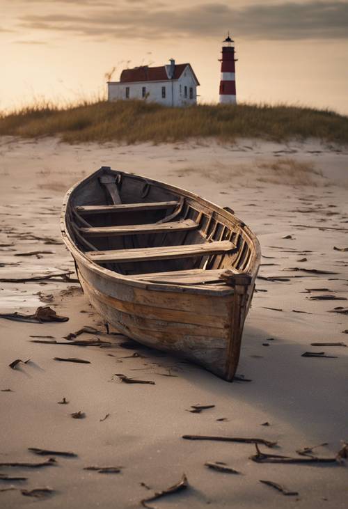Barca a remi in legno abbandonata in decomposizione su una spiaggia deserta con un faro sullo sfondo.
