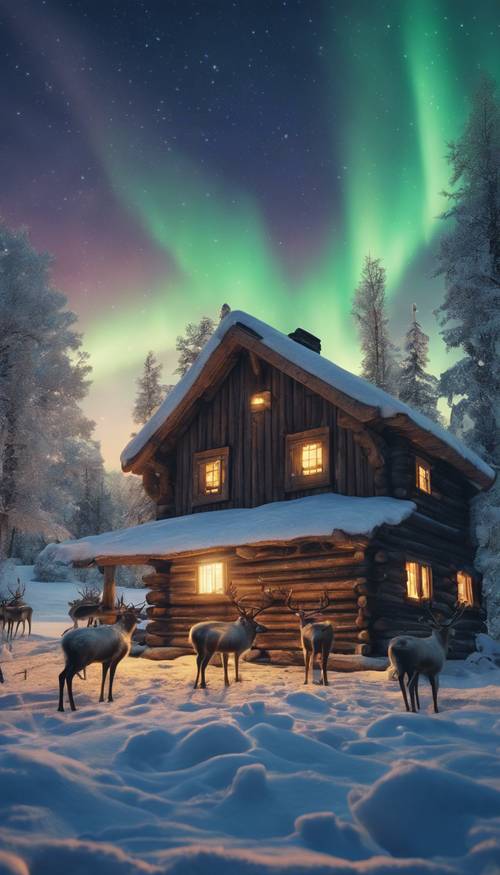 Los renos de Papá Noel pastando junto a una cabaña de troncos en un tranquilo paisaje cubierto de nieve bajo la aurora boreal.