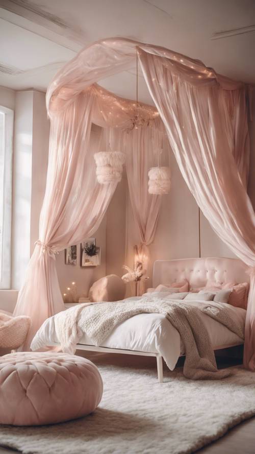 Um quarto elegante com decoração em tons pastéis, almofadas macias, tapetes felpudos e uma cama de dossel extravagante.