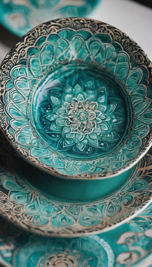 Teal mandala pattern intricately hand-painted on a ceramic plate Tapet [44f0a52153974a2ab206]