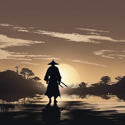 A silhueta de um samurai escuro, caminhando em direção ao pôr do sol, sua sombra longa e solitária.