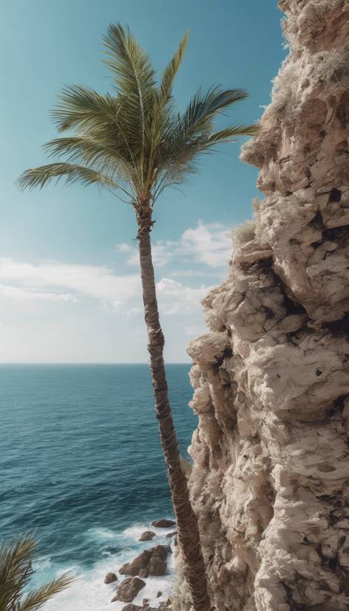 一棵孤立的高大白色棕櫚樹矗立在懸崖邊，映襯著蔚藍的天空
