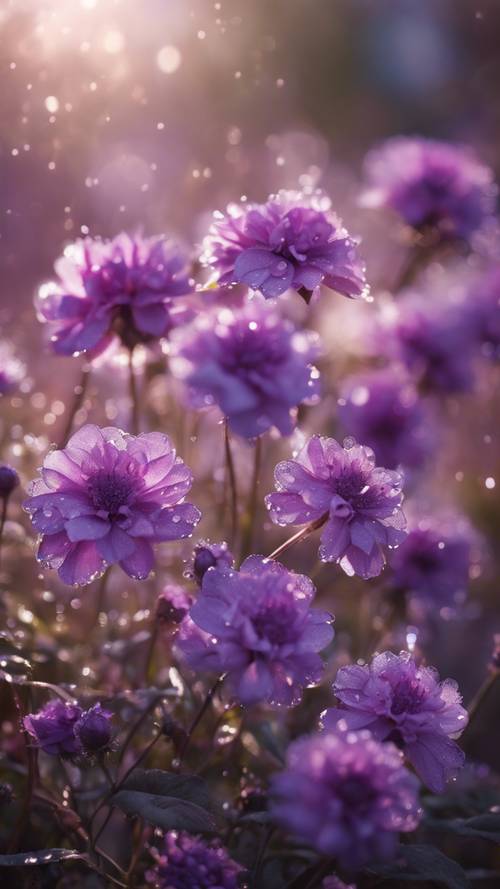 Kolase bunga ungu mekar penuh yang mengesankan, ditonjolkan oleh kilauan embun pagi.