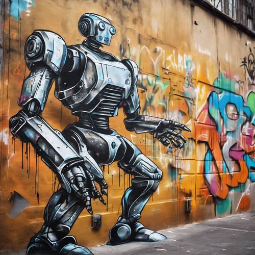 Graffiti mural of a futuristic robot in a dynamic pose, spray painted on a metallic surface