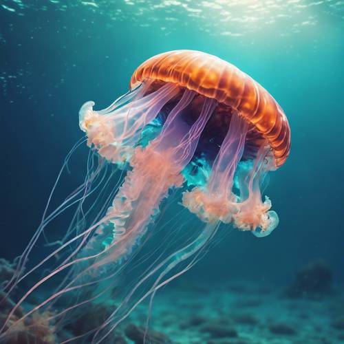 A delicate, fluorescent jellyfish floating peacefully in the clear aqua depths of the sea