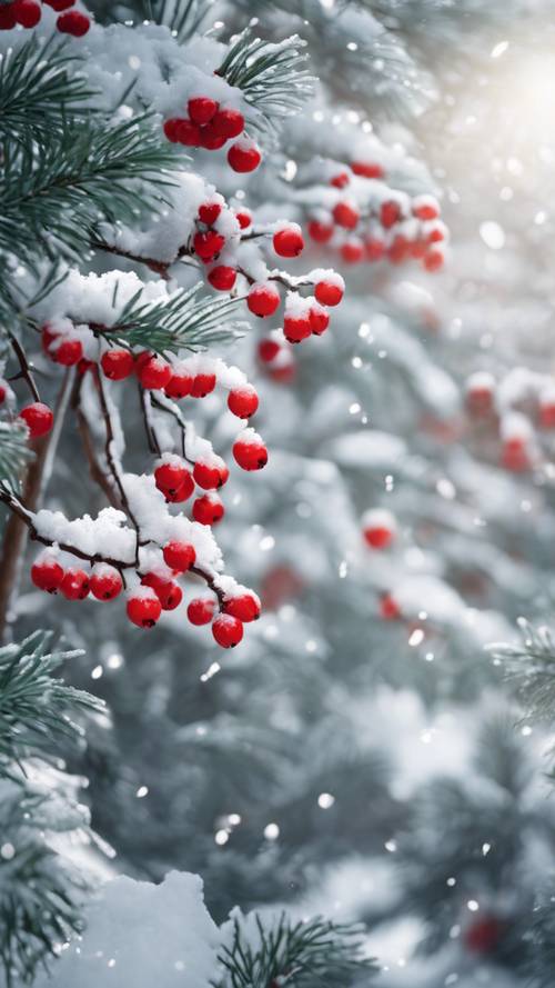 A winter landscape mural depicting snow-covered pines and holly bushes with bright red berries.