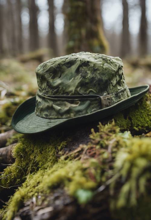 Un desgastado sombrero verde con estampado de camuflaje tirado sobre un tronco cargado de musgo.