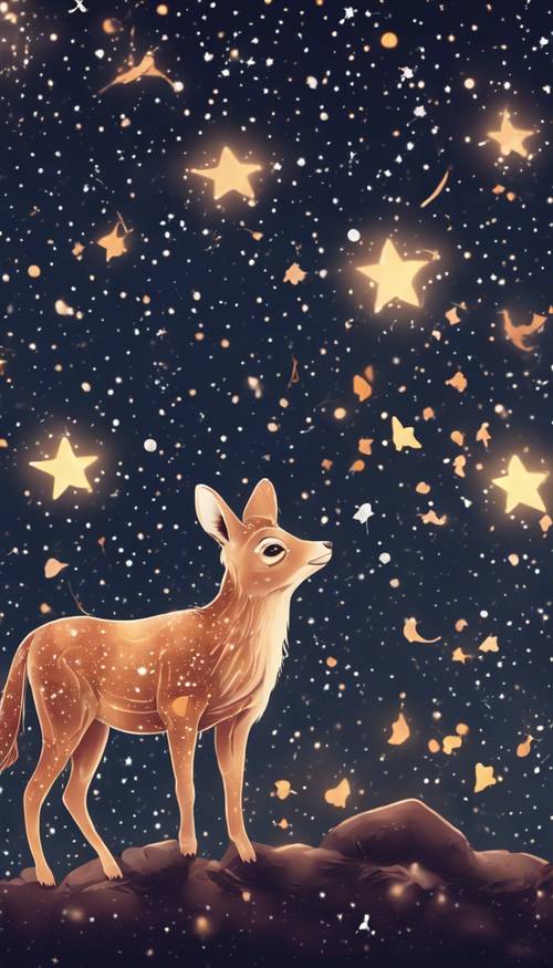 Żywe nocne niebo usiane migoczącymi gwiazdami, które tworzą urocze konstelacje zwierząt. Tapeta [25687c57360c45e58e58]