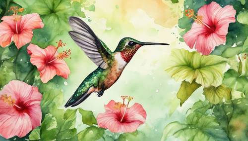 A whimsical watercolor picture of a hummingbird hovering over blooming hibiscus flowers in a lush, verdant garden.