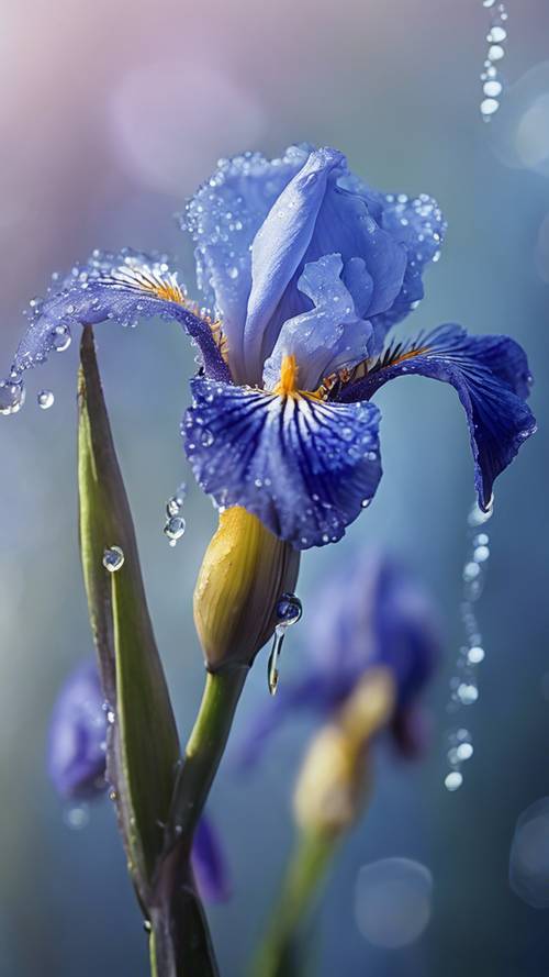 A soft-focus depiction of dew drops resting on the petals of a vibrant blue iris.