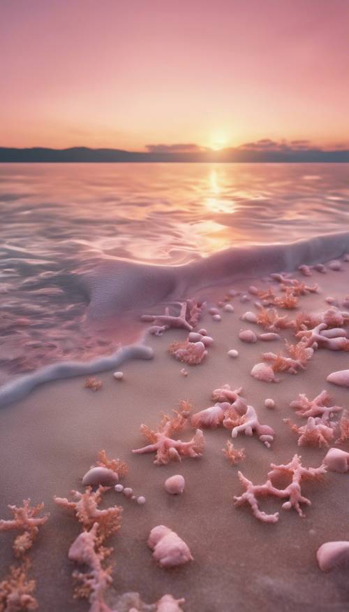 Una playa serena bajo el cielo del amanecer, con arrecifes de coral de color rosa claro que emergen de la superficie del agua.